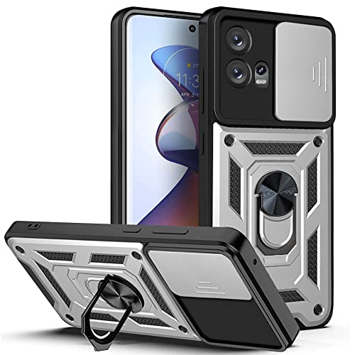 ESTH® Hülle für Motorola Moto G72 4G mit Slide Camera Cover [Kameraschutz] [Ring Ständer] [Case Kompatibel Mit Magnetischer Autohalterung] Stoßfeste Handyhülle, Silber von ESTH