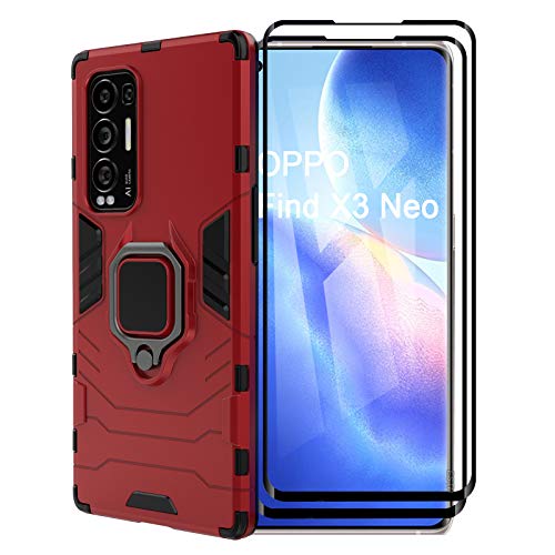 ESTH® Hülle für Oppo Find X3 Neo mit 2 Pack Panzerglas, [Strapazierfähig] Ring Ständer, [Funktioniert Mit Magnetischer Autohalterung] Case Schutzhülle, Rot von ESTH