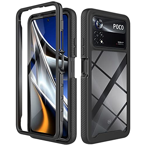 ESTH® Hülle für Xiaomi Poco X4 Pro 5G 360 Grad Vollschutz Handyhülle Stoßfest Kratzfeste Staubdicht Klar Case Outdoor Panzerhülle mit Displayschutz und PC Bumper, Schwarz von ESTH