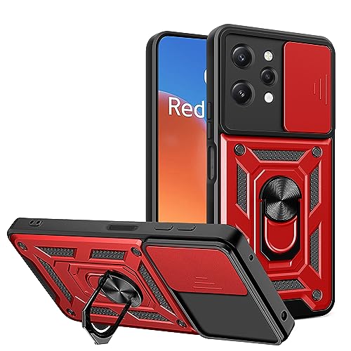 ESTH® Hülle für Xiaomi Redmi 12 4G/Redmi 12 5G mit Slide Camera Cover [Kameraschutz] [Ring Ständer] [Case Kompatibel Mit Magnetischer Autohalterung] Stoßfeste Handyhülle, Rot von ESTH