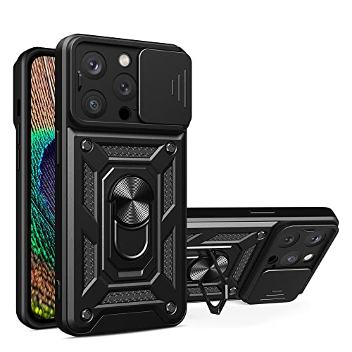 ESTH® Hülle für iPhone 14 Pro mit Slide Camera Cover [Kameraschutz] [Ring Ständer] [Case Kompatibel Mit Magnetischer Autohalterung] Stoßfeste Handyhülle, Schwarz von ESTH