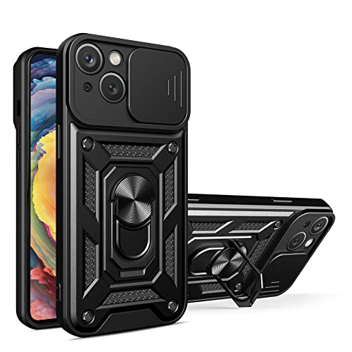 ESTH® Hülle für iPhone 14 mit Slide Camera Cover [Kameraschutz] [Ring Ständer] [Case Kompatibel Mit Magnetischer Autohalterung] Stoßfeste Handyhülle, Schwarz von ESTH
