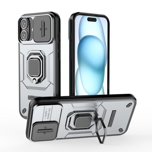 ESTH® Hülle für iPhone 16 Plus mit Slide Camera Cover [Kameraschutz] [Ring Ständer] [Case Kompatibel Mit Magnetischer Autohalterung] Stoßfeste Handyhülle, Grau von ESTH