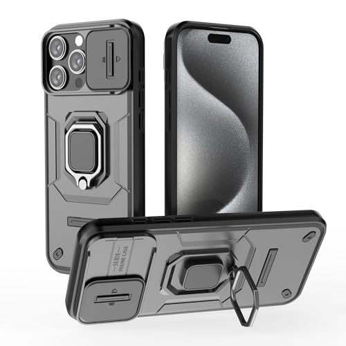ESTH® Hülle für iPhone 16 Pro Max mit Slide Camera Cover [Kameraschutz] [Ring Ständer] [Case Kompatibel Mit Magnetischer Autohalterung] Stoßfeste Handyhülle, Schwarz von ESTH