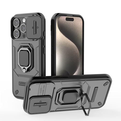 ESTH® Hülle für iPhone 16 Pro mit Slide Camera Cover [Kameraschutz] [Ring Ständer] [Case Kompatibel Mit Magnetischer Autohalterung] Stoßfeste Handyhülle, Schwarz von ESTH