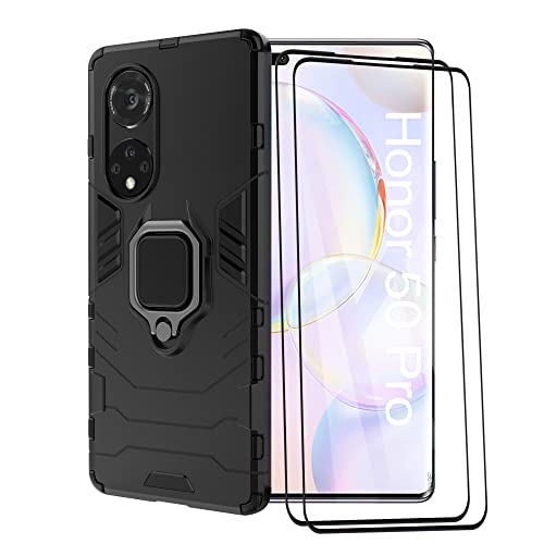 ESTH® Kompatibel mit Honor 50 Pro Hülle mit 2 Pack Panzerglas [Strapazierfähig] Ring Ständer Case [für Handyhalterung Auto Magnet] Militär Stoßfest Handyhülle, Schwarz von ESTH