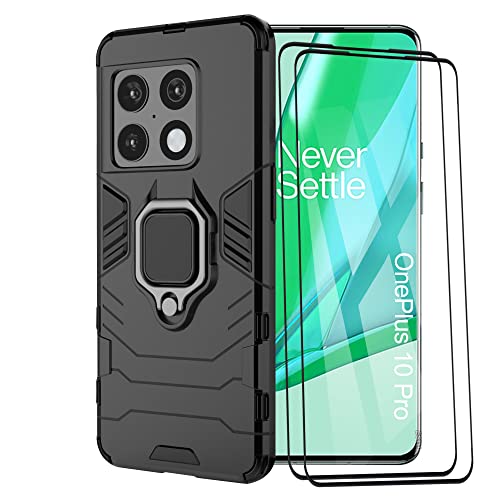 ESTH® Kompatibel mit OnePlus 10 Pro Hülle mit 2 Pack Panzerglas [Strapazierfähig] Ring Ständer Case [für Handyhalterung Auto Magnet] Militär Stoßfest Handyhülle, Schwarz von ESTH