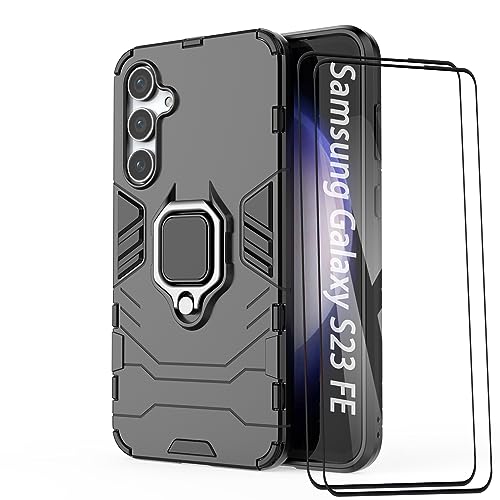 ESTH® Kompatibel mit Samsung Galaxy S23 FE 5G Hülle mit 2 Stück Schutzfolie [Strapazierfähig] Ring Ständer Case [für Handyhalterung Auto Magnet] Militär Stoßfest Handyhülle, Schwarz von ESTH