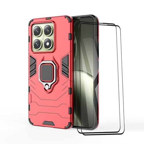 ESTH® Kompatibel mit Xiaomi 14T 5G Hülle mit 2 Stück Schutzfolie [Strapazierfähig] Ring Ständer Case [für Handyhalterung Auto Magnet] Militär Stoßfest Handyhülle, Rot von ESTH