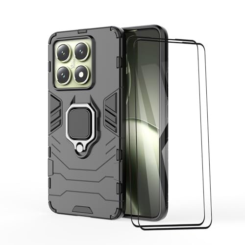 ESTH® Kompatibel mit Xiaomi 14T 5G Hülle mit 2 Stück Schutzfolie [Strapazierfähig] Ring Ständer Case [für Handyhalterung Auto Magnet] Militär Stoßfest Handyhülle, Schwarz von ESTH