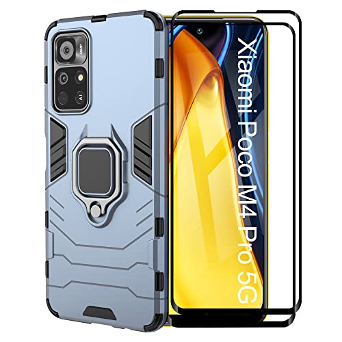 ESTH® Kompatibel mit Xiaomi Poco M4 Pro 5G Hülle mit 2 Pack Panzerglas [Strapazierfähig] Ring Ständer Case [für Handyhalterung Auto Magnet] Militär Stoßfest Handyhülle, Blau von ESTH