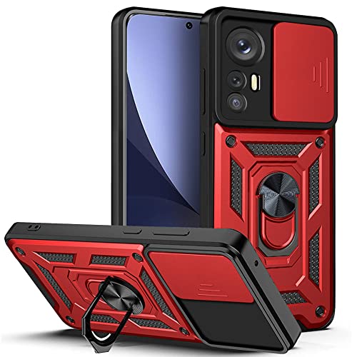 ESTH® Schutzhülle für Xiaomi 12 Pro 5G mit Schiebeobjektiv, Abdeckung und drehbarer Halterung, Fallschutz, kompatibel mit magnetischer KFZ-Halterung, Rot von ESTH