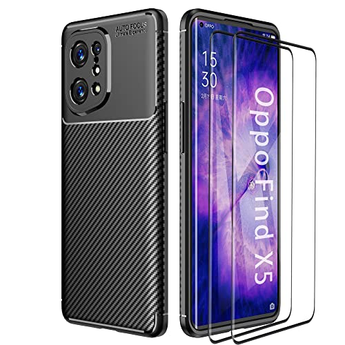 ESTH® TPU Hülle für Oppo Find X5 mit 2 Pack Panzerglas, Stoßfest Case Staubdicht und Anti-Fingerprint Handyhülle, Flexible Slim Bumper Schutzhülle, Schwarz von ESTH