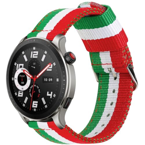 ESTUYOYA Armband Italien kompatibel mit Amazfit Bip 5/Balance/GTR 4/GTR 3 Pro/GTR 3/GTR 2/GTR/GTR 47mm/Stratos 3, Nylon-Armband 22mm Farben der Italienischen Flagge Rot Weiß Grün von ESTUYOYA