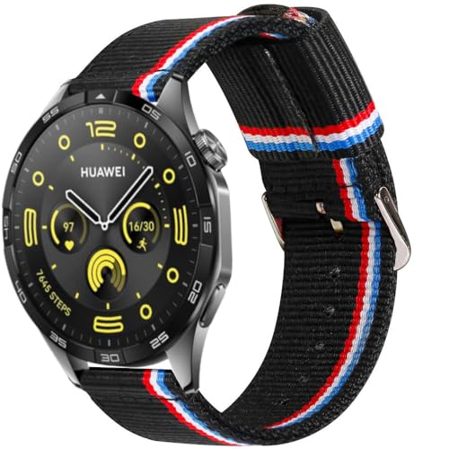 ESTUYOYA Armband kompatibel mit Huawei Watch GT4 46mm/GT3 Pro 46/GT2 Pro/GT2 46mm/GT Runner/Watch 4/Watch 3, Nylon-Armband 22mm Schwarz Farben der Französischen Flagge von ESTUYOYA