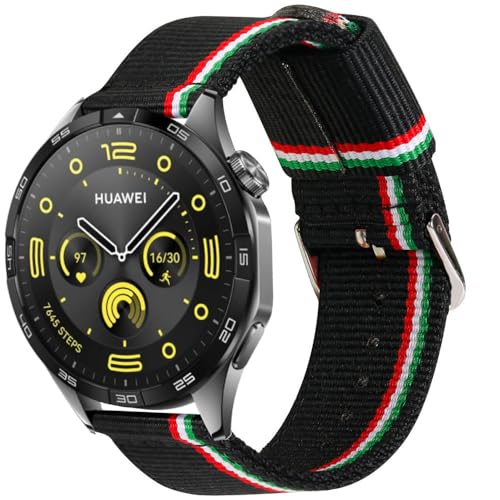 ESTUYOYA Armband kompatibel mit Huawei Watch GT4 46mm/GT3 Pro 46/GT2 Pro/GT2 46mm/GT Runner/Watch 4/Watch 3, Nylon-Armband 22mm Schwarz Farben der Italienischen Flagge von ESTUYOYA