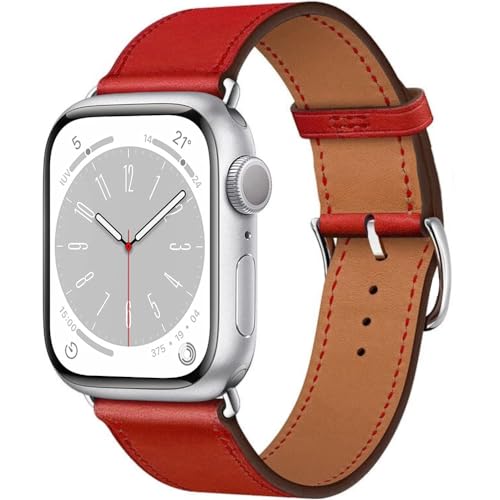 ESTUYOYA Lederband kompatibel mit Apple Watch 41mm 40mm 38mm, (42mm-Serie 10), Feines Lederarmband mit quadrabler Schnalle Unisex iWatch Series 10 9 8 7 6 5 4 3 2 1 SE SE2 - Rot von ESTUYOYA