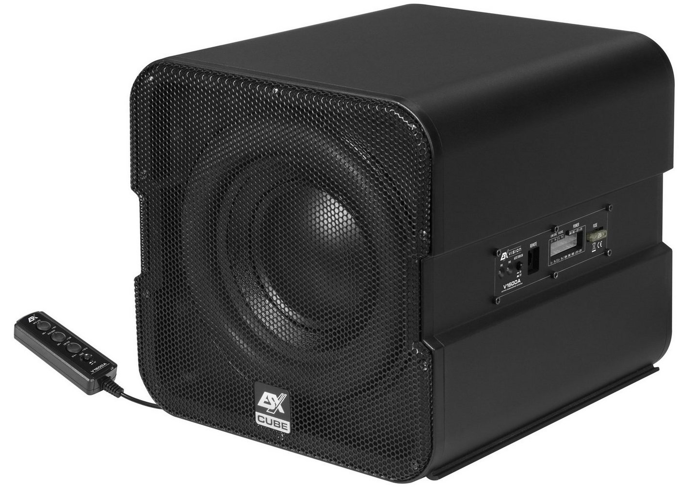 ESX V1600A AKTIV SUBWOOFER CUBE 20cm mit 8? Passivembran Auto-Subwoofer (150 W) von ESX