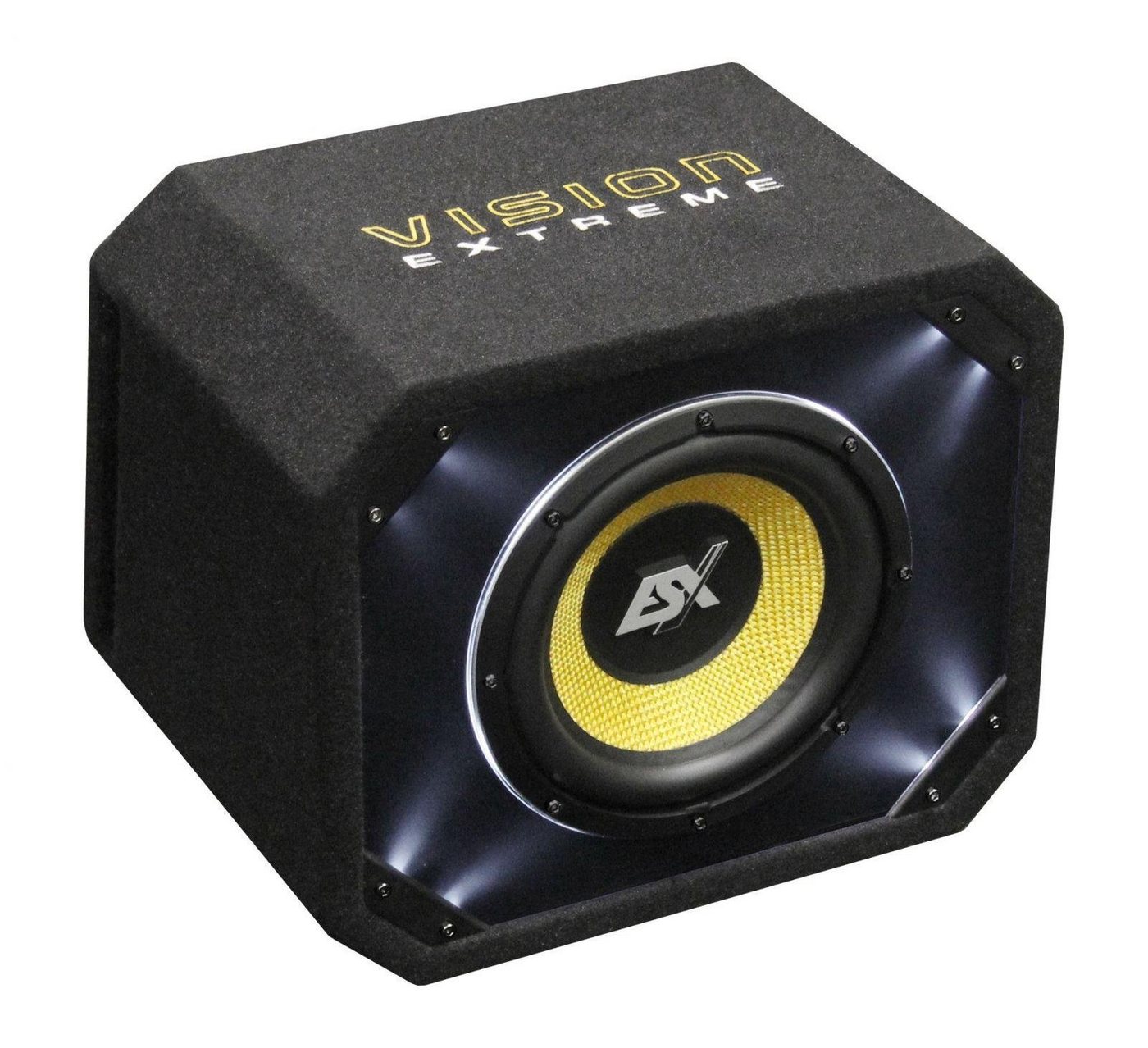 ESX VISION Single-Reflexbox VE-250 25cm (10) Auto-Subwoofer (400 W, Weiße Acrylfront-LED-Beleuchtung) von ESX