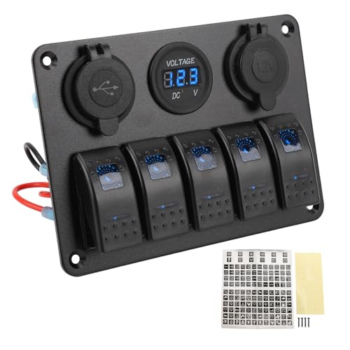 Aluminiumlegierung Wasser 5 Gang Switch Control Panel mit USB -Sockelspannungsmesser für Marine -Wohnmobil -LKWs (Blau) von ETAINGYEUN