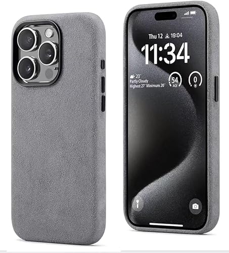 ETALYAN Alcantara-Hülle, kompatibel mit iPhone 15 Pro, handgefertigt, vollständig umwickelt, synthetisches Wildleder, kompatibel mit kabellosem Mag-Safe Laden (iPhone 15 Pro, Grau) von ETALYAN