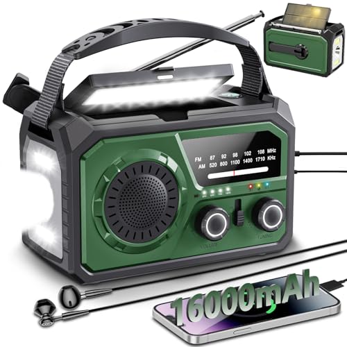 16000mAh/59200mWh Kurbelradio,Tragbares Notfallradio mit Kurbel,AM/FM Solar Radio mit Handyladefunktion SOS Alarm/Kopfhöreranschluss/Leseleuchte/Kompass für Camping Outdoor Notfall (Armeegrün) von ETDEUH