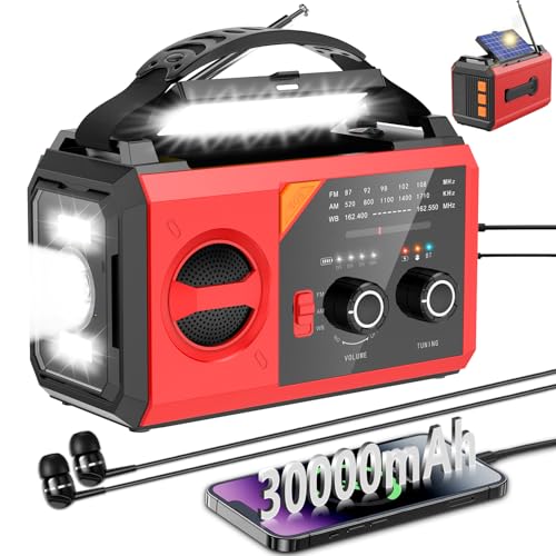 30000mAh Notfallradio mit Kurbel,Solar,Batterie und USB Betriebene,Tragbar AM/FM Wetter Radio mit Bluetooth/Kopfhöreranschluss/Leseleuchte/Taschenlampe/Kompass/SOS Alarm für Camping Outdoor von ETDEUH