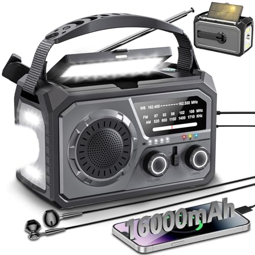 16000mAh/59200mWh Kurbelradio,Tragbares Notfallradio mit Kurbel,AM/FM Solar Radio mit Handyladefunktion SOS Alarm/Kopfhöreranschluss/Leseleuchte/Kompass für Camping Outdoor Notfall von ETDEUH