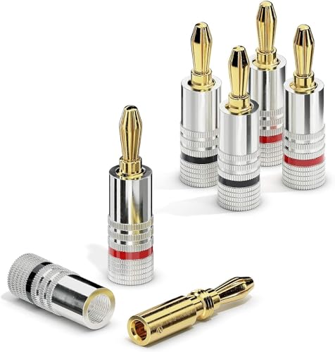 ETEC Bananenstecker, passend für Lautsprecherkabel bis 6mm² Querschnitt, gerade Stecker mit Farbcodierung (2x rot, 2x schwarz), 4er-Set, 24k vergoldet von ETEC