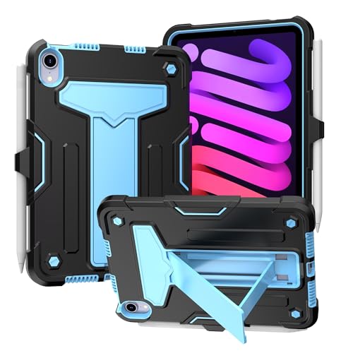 ETGOKJM Tablet-Schutz Case Compatible with iPad Mini 7 (A17 Pro) 2024/Mini 6 2021,with Kickstand Three-Layer Hybrid Full Body Case Rugged Shock-Proof Fall Protection Cover Tablet-Zubehör(Black+Blue) von ETGOKJM