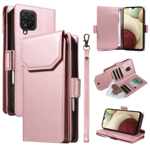 Telefon-Bildschirmschutz Kompatibel mit Samsung Galaxy A12 Brieftaschen-Hülle mit Kartenhalter for Damen und Herren, modische PU-Lederhülle, seitliche Schnalle, Handschlaufe, Brieftaschen-Handyhülle, von ETGOKJM
