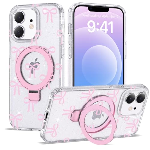 ETPESOK Kompatibel mit iPhone 12/12 Pro Hülle Schleife Muster mit Magnetringständer [Kompatibel mit Mag-Safe] TPU Schutzhülle für Frauen Mädchen, Klar Rosa von ETPESOK