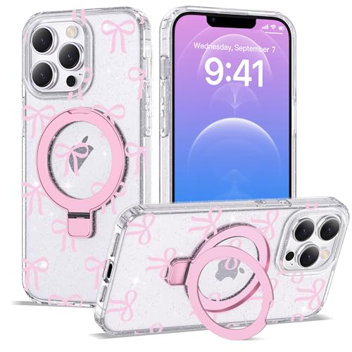 ETPESOK Kompatibel mit iPhone 12 Pro Max Hülle Schleife Muster mit Magnetringständer [Kompatibel mit Mag-Safe] TPU Schutzhülle für Frauen Mädchen, Klar Rosa von ETPESOK
