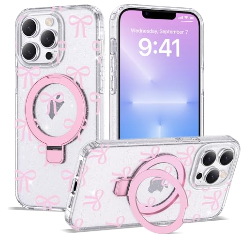 ETPESOK Kompatibel mit iPhone 13 Pro Max Hülle Schleife Muster mit Magnetringständer [Kompatibel mit Mag-Safe] TPU Schutzhülle für Frauen Mädchen, Klar Rosa von ETPESOK