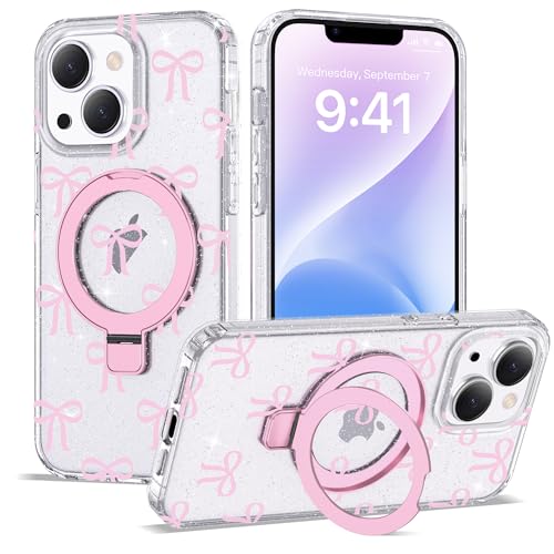ETPESOK Kompatibel mit iPhone 14 Plus Hülle Schleife Muster mit Magnetring Ständer [Kompatibel mit Mag-Safe] TPU Schutzhülle für Frauen Mädchen, Klar Rosa von ETPESOK