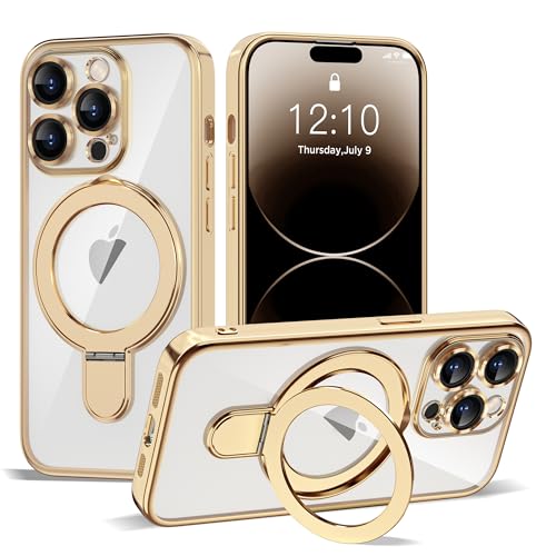 ETPESOK Kompatibel mit iPhone 14 Pro Hülle mit unsichtbarem Magnetring-Ständer [Kompatibel mit Mag-Safe] [Vollständiger Kameraobjektivschutz] Plating Clear Handyhülle für iPhone 14 Pro 6,1 Zoll, Gold von ETPESOK