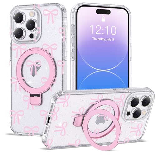 ETPESOK Kompatibel mit iPhone 14 Pro Max Hülle Schleife Muster mit Magnetringständer [Kompatibel mit Mag-Safe] TPU Schutzhülle für Frauen Mädchen, Klar Rosa von ETPESOK