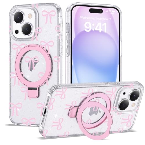 ETPESOK Kompatibel mit iPhone 15 Plus Hülle Schleife Muster mit Magnetring Ständer [Kompatibel mit Mag-Safe] TPU Schutzhülle für Frauen Mädchen Klar Rosa von ETPESOK