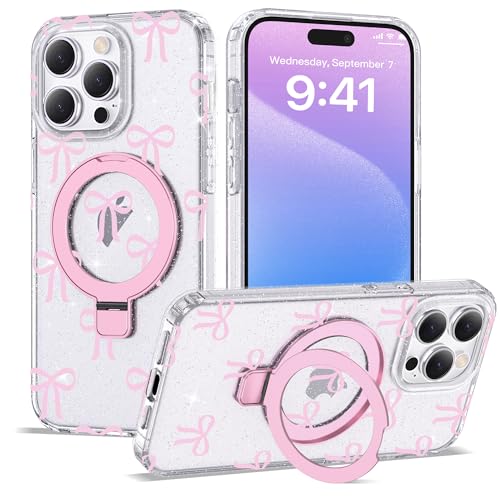 ETPESOK Kompatibel mit iPhone 15 Pro Hülle Schleife Muster mit Magnetring Ständer [Kompatibel mit Mag-Safe] TPU Schutzhülle für Frauen Mädchen Klar Rosa von ETPESOK