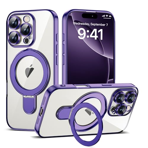 ETPESOK Kompatibel mit iPhone 16 Pro Hülle mit unsichtbarem Magnetring-Ständer [Kompatibel mit Mag-Safe] [Vollständiger Kameraobjektivschutz] Plating Clear Handyhülle für iPhone 16 Pro 6,3 Zoll, Lila von ETPESOK