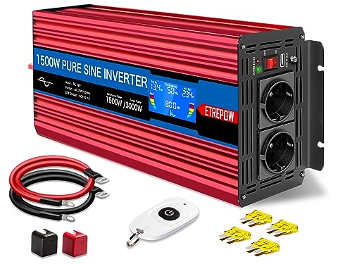 ETREPOW 1500W/3000W Wechselrichter 12V auf 230V Reiner Sinus Spannungswandler Konverter Pure Sine Wave Power Solar Inverter mit 2 EU-Steckdose,Drahtlose Fernsteuerung,LCD Bildschirm ETREPOW 1500W/3000W Wechselrichter 12V auf 230V Reiner Sinus Spannungswandler Konverter Pure Sine Wave Power Solar Inverter mit 2 EU-Steckdose,Drahtlose Fernsteuerung,LCD Bildschirm von ETREPOW