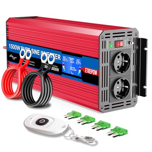 ETREPOW 1500w Spannungswandler 24v Auf 230v Reiner Sinus Wechselrichter mit 2 EU-Steckdose und Einer 2,1A USB,Drahtlose Fernsteuerung,LCD Bildschirm -Spitzenleistung 3000w Kfz Konverter ETREPOW 1500w Spannungswandler 24v Auf 230v Reiner Sinus Wechselrichter mit 2 EU-Steckdose und Einer 2,1A USB,Drahtlose Fernsteuerung,LCD Bildschirm -Spitzenleistung 3000w Kfz Konverter von ETREPOW