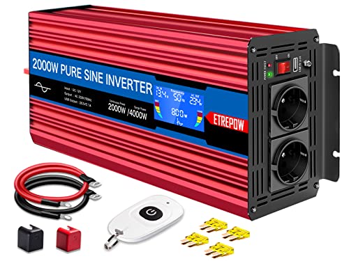 ETREPOW 2000W Wechselrichter 12v 230v Reiner Sinus Spannungswandler mit 2 EU-Steckdose und Einer 2,1A USB,Drahtlose Fernsteuerung,LCD Bildschirm und 2 Lüftern-Spitzenleistung 4000w Kfz Konverter ETREPOW 2000W Wechselrichter 12v 230v Reiner Sinus Spannungswandler mit 2 EU-Steckdose und Einer 2,1A USB,Drahtlose Fernsteuerung,LCD Bildschirm und 2 Lüftern-Spitzenleistung 4000w Kfz Konverter von ETREPOW