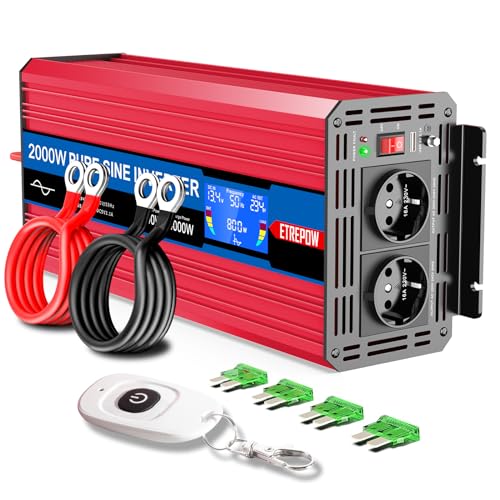 ETREPOW 2000w Spannungswandler 12v Auf 230v Reiner Sinus Wechselrichter mit 2 EU-Steckdose und Einer USB,Drahtlose Fernsteuerung,LCD Bildschirm -Spitzenleistung 6000w Kfz Konverter von ETREPOW