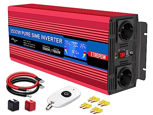 ETREPOW 3500w Spannungswandler 12v Auf 230v Reiner Sinus Wechselrichter mit 2 EU-Steckdose und Einer USB,Drahtlose Fernsteuerung,LCD Bildschirm -Spitzenleistung 6000w Kfz Konverter … von ETREPOW