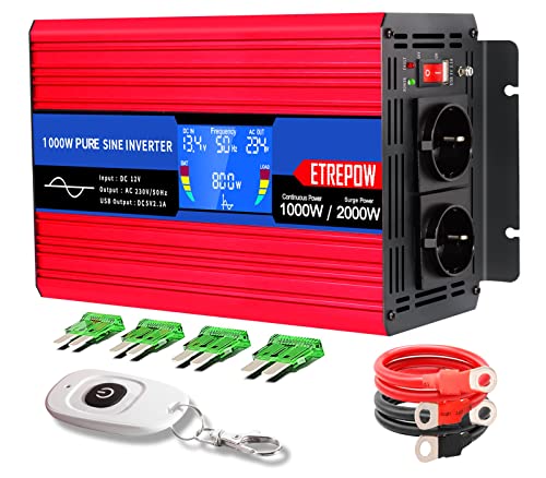 ETREPOW Wechselrichter 1000w 12v auf 230v Reiner Sinus Spannungswandler mit 2 EU-Steckdose und Einer 2,1A USB,Drahtlose Fernsteuerung,LCD Bildschirm und 2 Lüftern-Spitzenleistung 2000w Kfz Konverter von ETREPOW