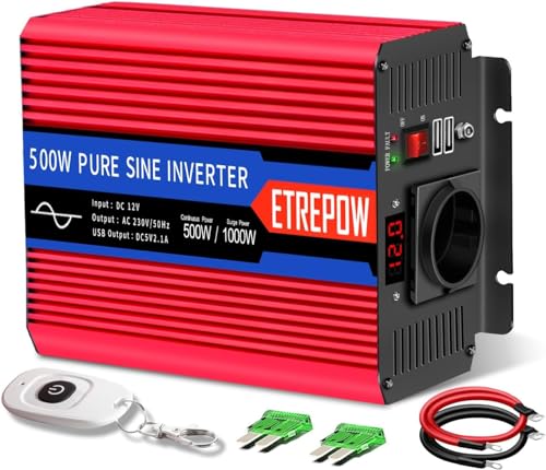 ETREPOW Wechselrichter 500w 12V auf 230v Reiner Sinus Spannungswandler mit 1 EU-Steckdosen und einem 2.1A USB, Funkfernbedienung, Digitalanzeige und Lüftern Spitzenleistung 1000w ETREPOW Wechselrichter 500w 12V auf 230v Reiner Sinus Spannungswandler mit 1 EU-Steckdosen und einem 2.1A USB, Funkfernbedienung, Digitalanzeige und Lüftern Spitzenleistung 1000w von ETREPOW