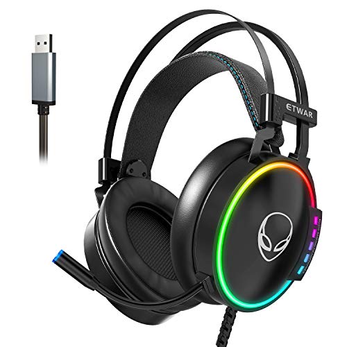 ETWAR USB-PC-Gaming-Headset mit Mikrofon, Kopfhörer für Videospiele, bequeme Ohrenschützer aus Memoryschaum, USB 7.1 Surround-Sound für PC/Laptop, PS5-Konsole, Laptop von ETWAR