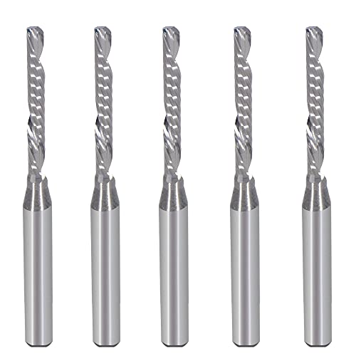 1/8 Zoll nach unten geschnittene einzelne Flöte (O-Flöte) Spirale End Mill CNC Fräser Stückchen ,mit 0.08 Zoll (2mm) Ausschnitt Dia,43/64 Zoll (17mm) Schneidlänge für Acryl PVC MDF Holz Pack von 5 von HOZLY