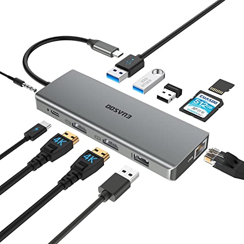 EUASOO USB C HUB 11 in 1 Triple Display USB C Adapter Dockingstation mit 2 HDMI, 2 USB3.0, 2 USB2.0, 100W Pd 3.0, Ethernet, SD/TF-Kartenleser, Audio/Mikrofon von EUASOO